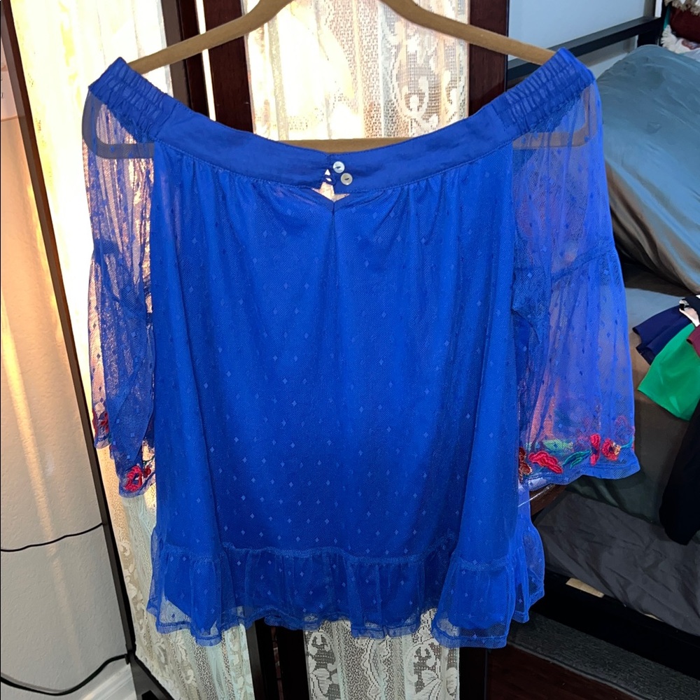 Umgee Royal Blue Embroidered Off-Shoulder Blouse - Picture 3 of 3